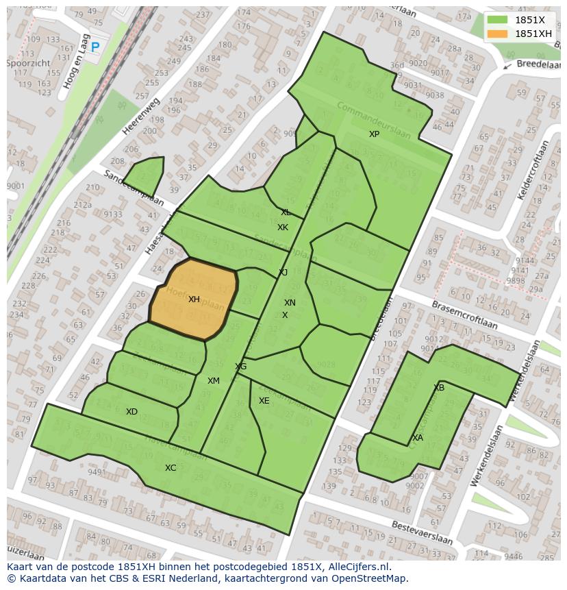 Afbeelding van het postcodegebied 1851 XH op de kaart.
