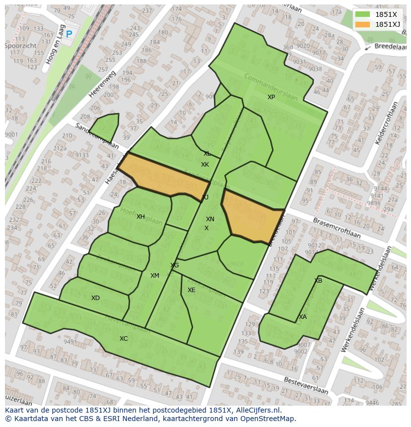 Afbeelding van het postcodegebied 1851 XJ op de kaart.