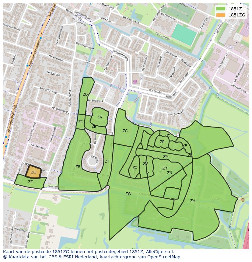 Afbeelding van het postcodegebied 1851 ZG op de kaart.