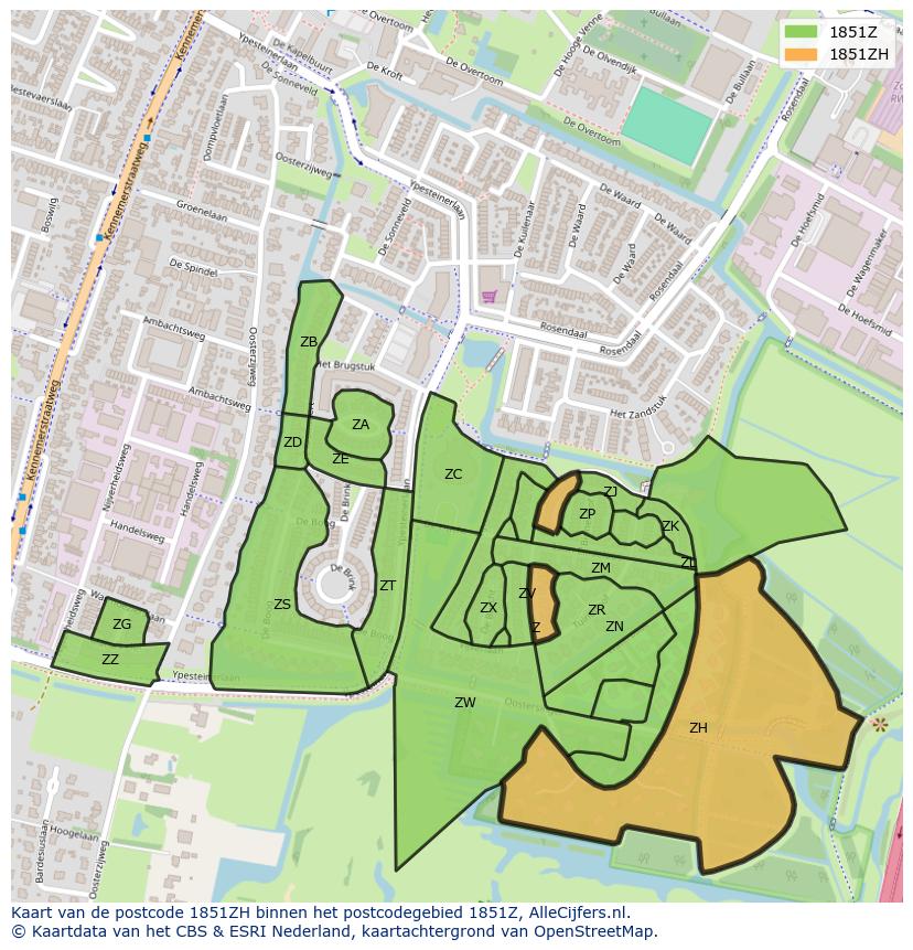 Afbeelding van het postcodegebied 1851 ZH op de kaart.