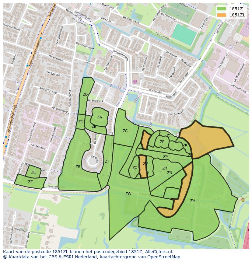 Afbeelding van het postcodegebied 1851 ZL op de kaart.
