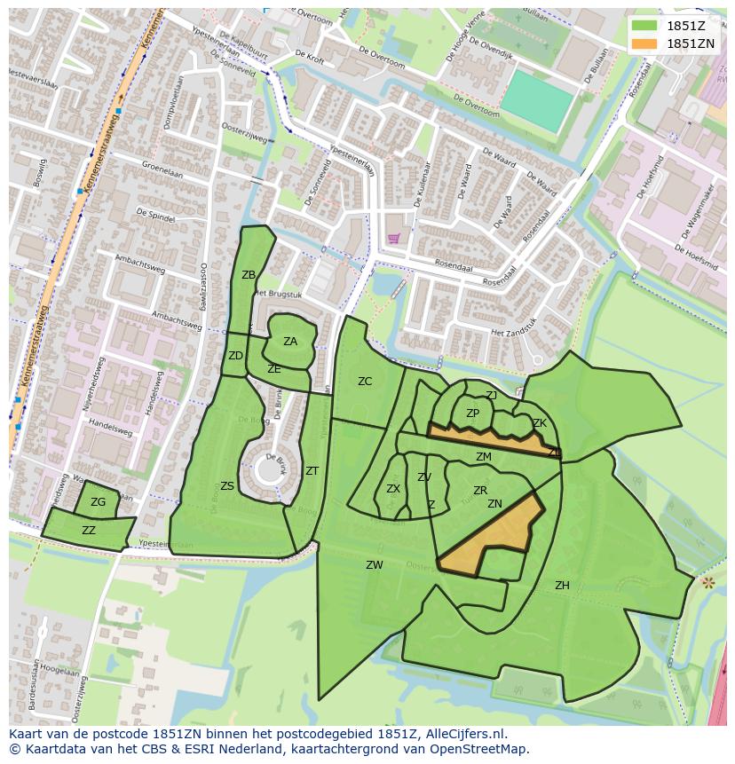 Afbeelding van het postcodegebied 1851 ZN op de kaart.