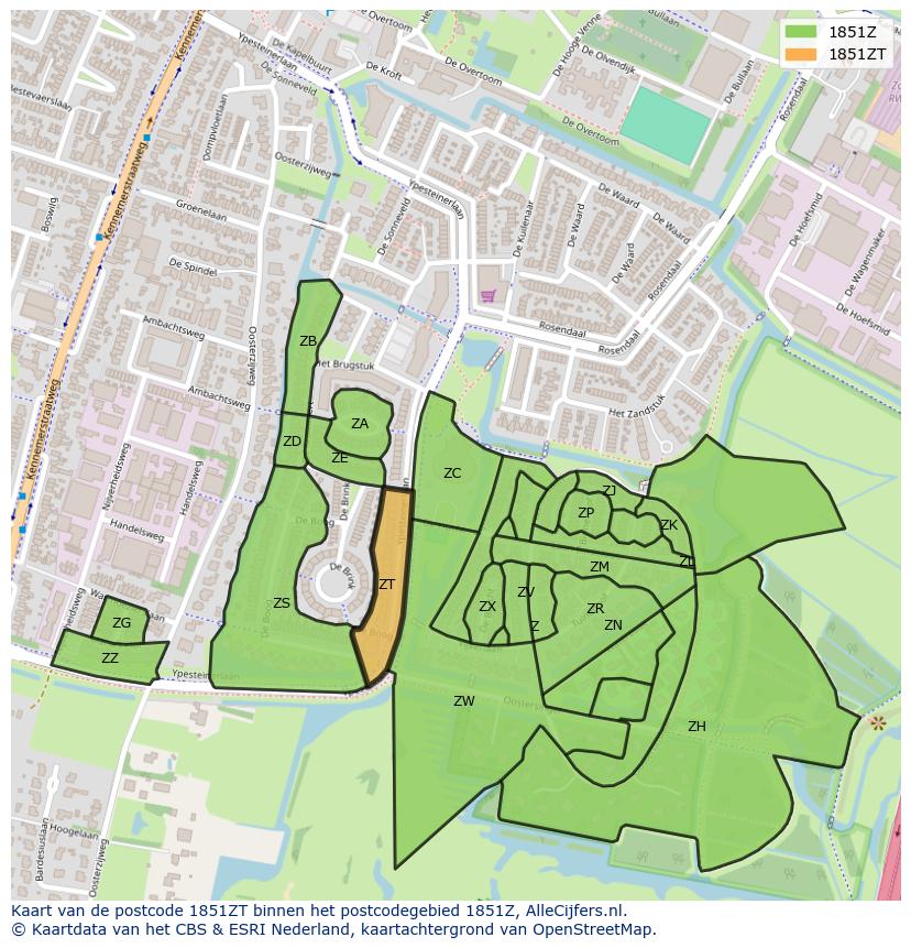 Afbeelding van het postcodegebied 1851 ZT op de kaart.
