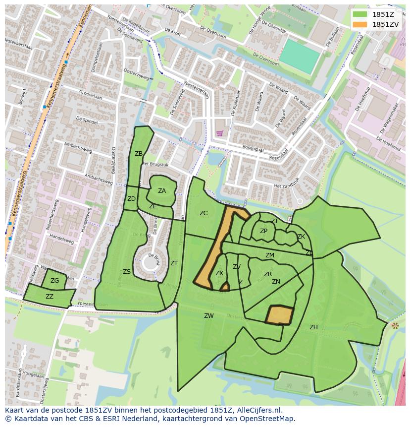 Afbeelding van het postcodegebied 1851 ZV op de kaart.