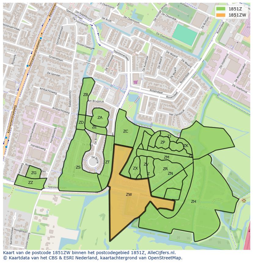 Afbeelding van het postcodegebied 1851 ZW op de kaart.