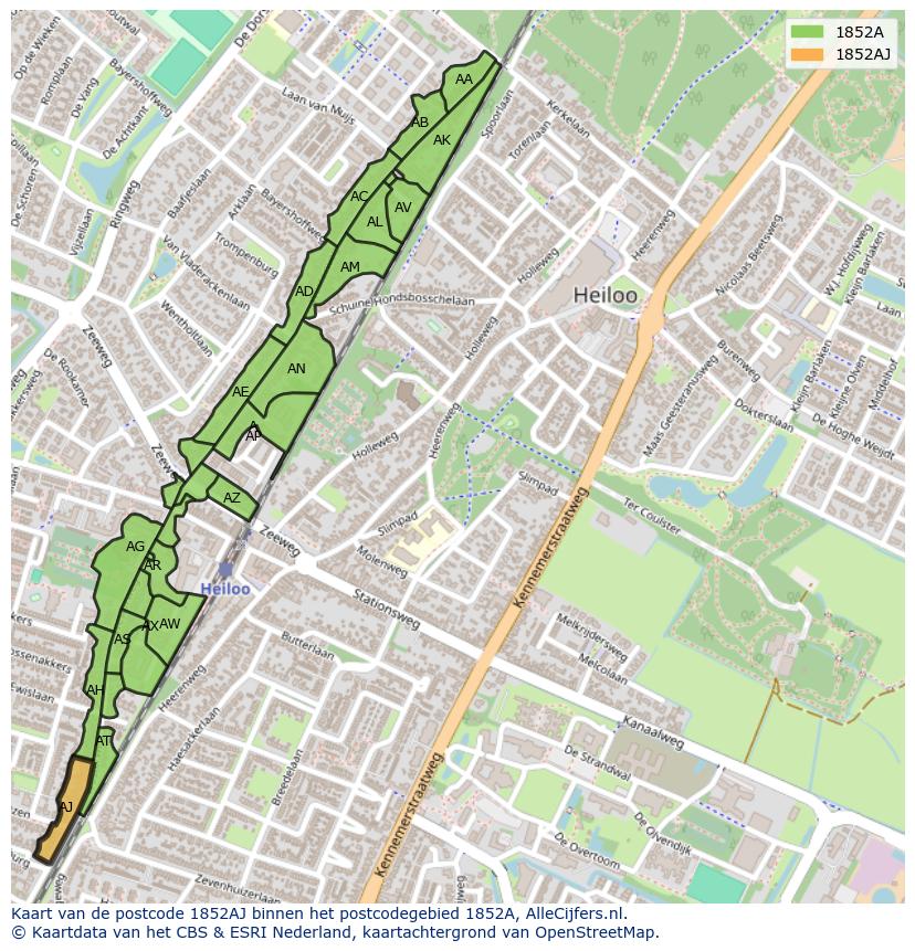 Afbeelding van het postcodegebied 1852 AJ op de kaart.