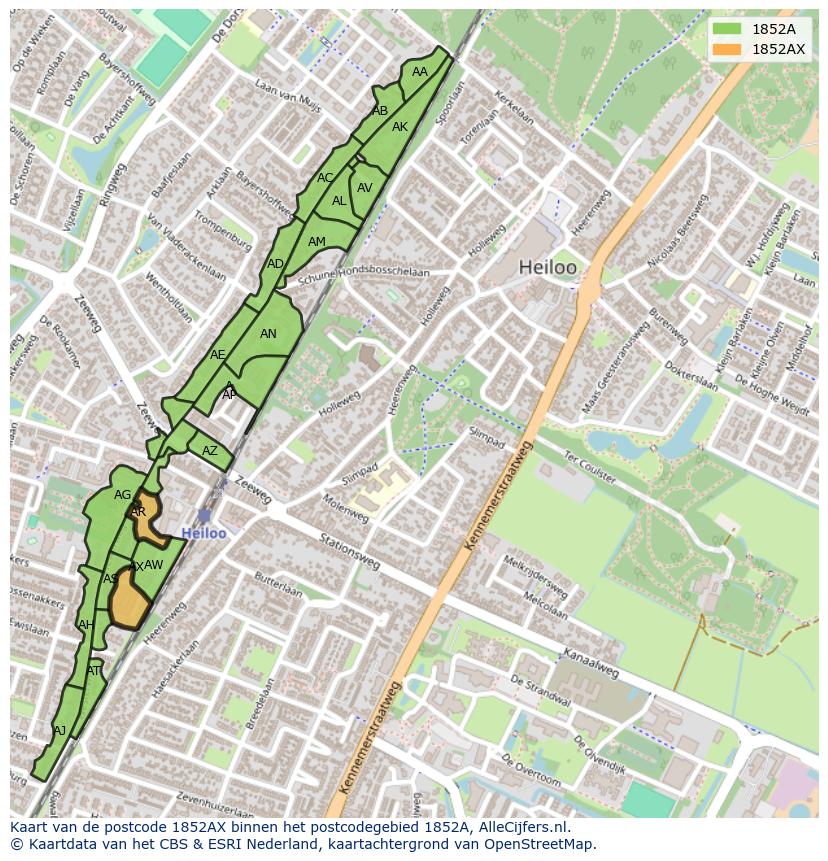Afbeelding van het postcodegebied 1852 AX op de kaart.
