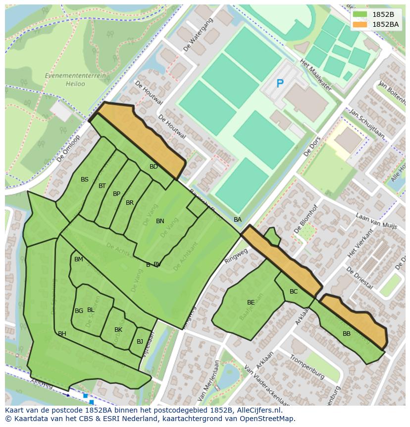 Afbeelding van het postcodegebied 1852 BA op de kaart.
