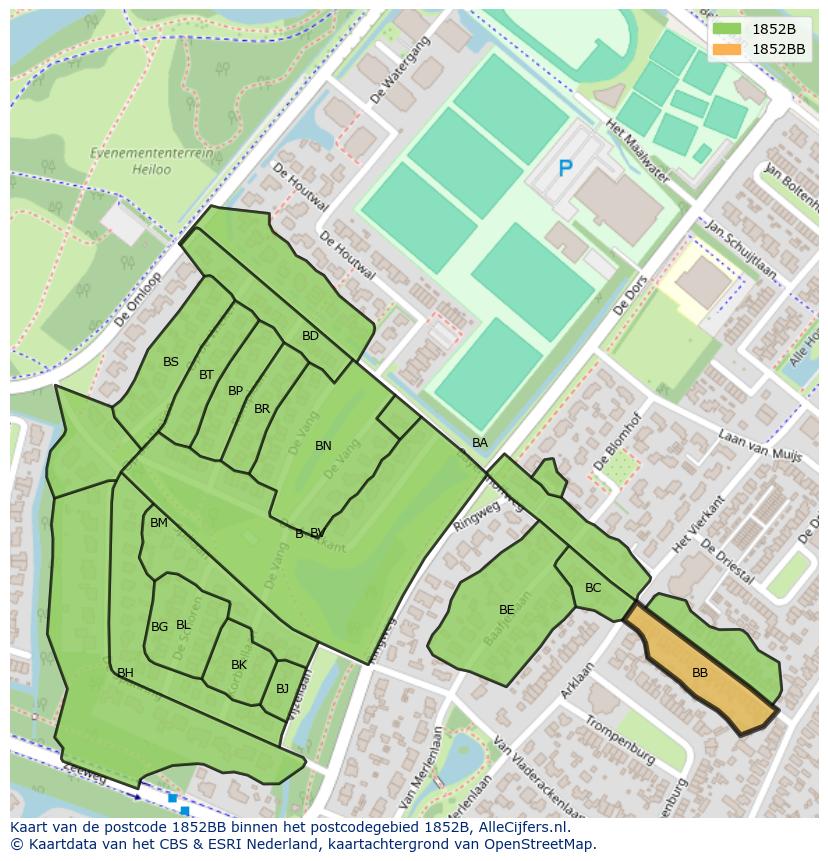 Afbeelding van het postcodegebied 1852 BB op de kaart.