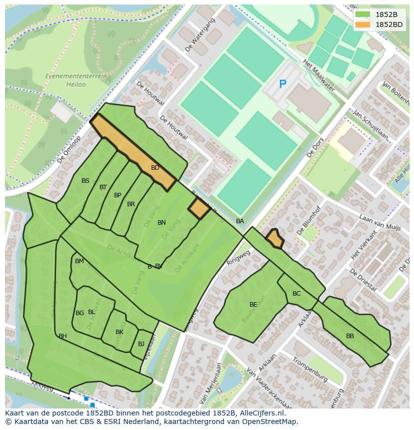Afbeelding van het postcodegebied 1852 BD op de kaart.