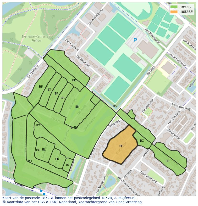 Afbeelding van het postcodegebied 1852 BE op de kaart.