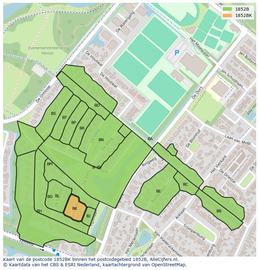 Afbeelding van het postcodegebied 1852 BK op de kaart.