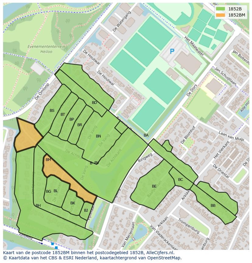 Afbeelding van het postcodegebied 1852 BM op de kaart.