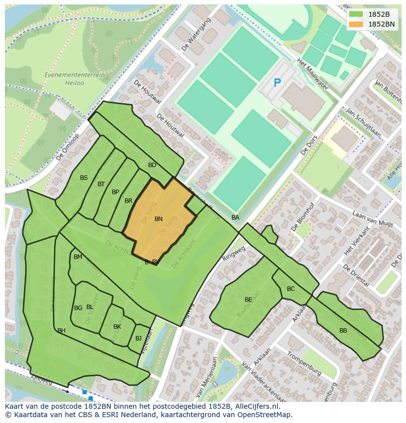 Afbeelding van het postcodegebied 1852 BN op de kaart.