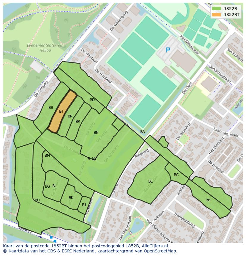 Afbeelding van het postcodegebied 1852 BT op de kaart.