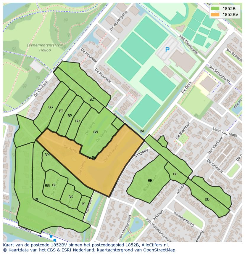 Afbeelding van het postcodegebied 1852 BV op de kaart.