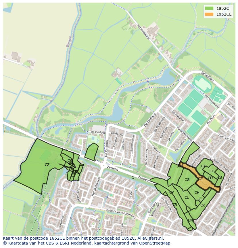 Afbeelding van het postcodegebied 1852 CE op de kaart.
