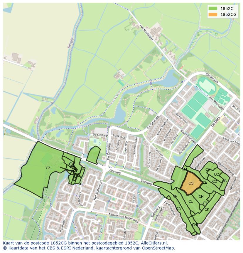 Afbeelding van het postcodegebied 1852 CG op de kaart.