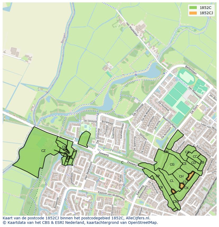 Afbeelding van het postcodegebied 1852 CJ op de kaart.