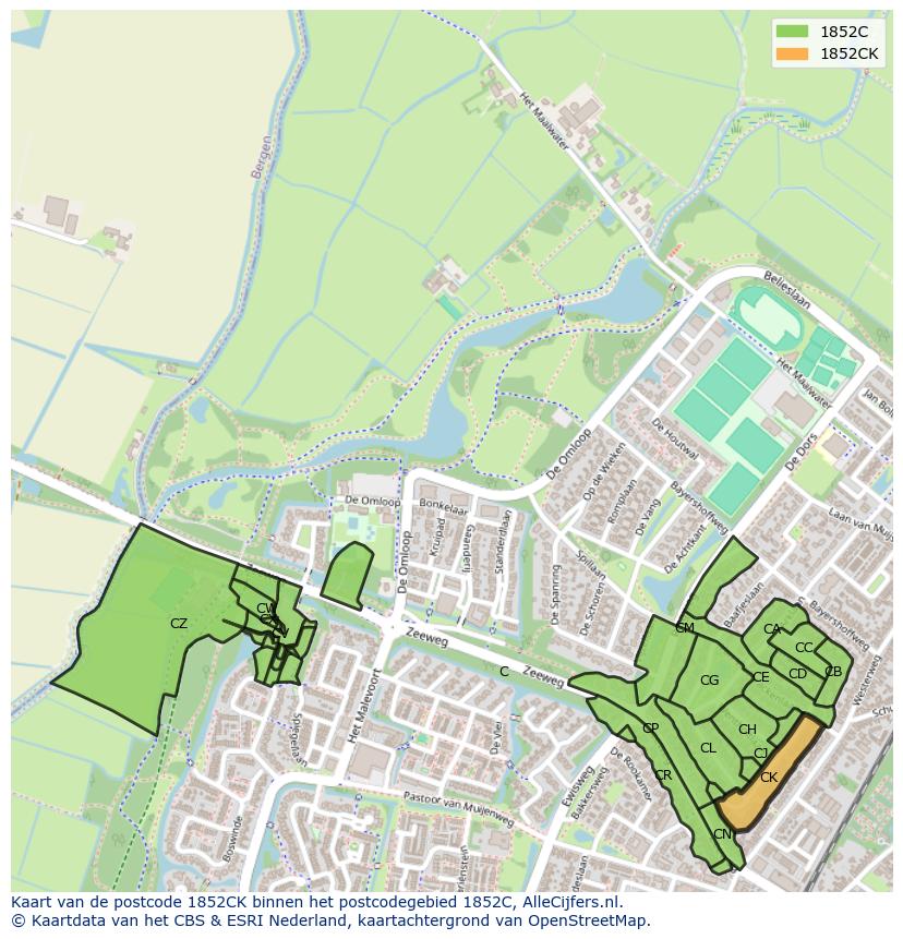 Afbeelding van het postcodegebied 1852 CK op de kaart.