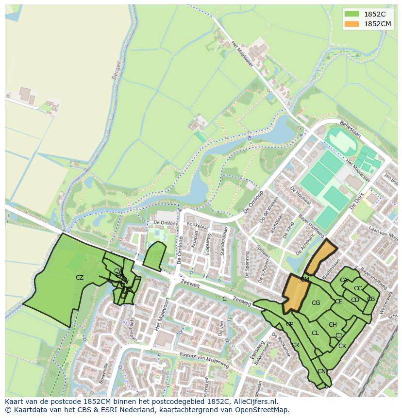 Afbeelding van het postcodegebied 1852 CM op de kaart.