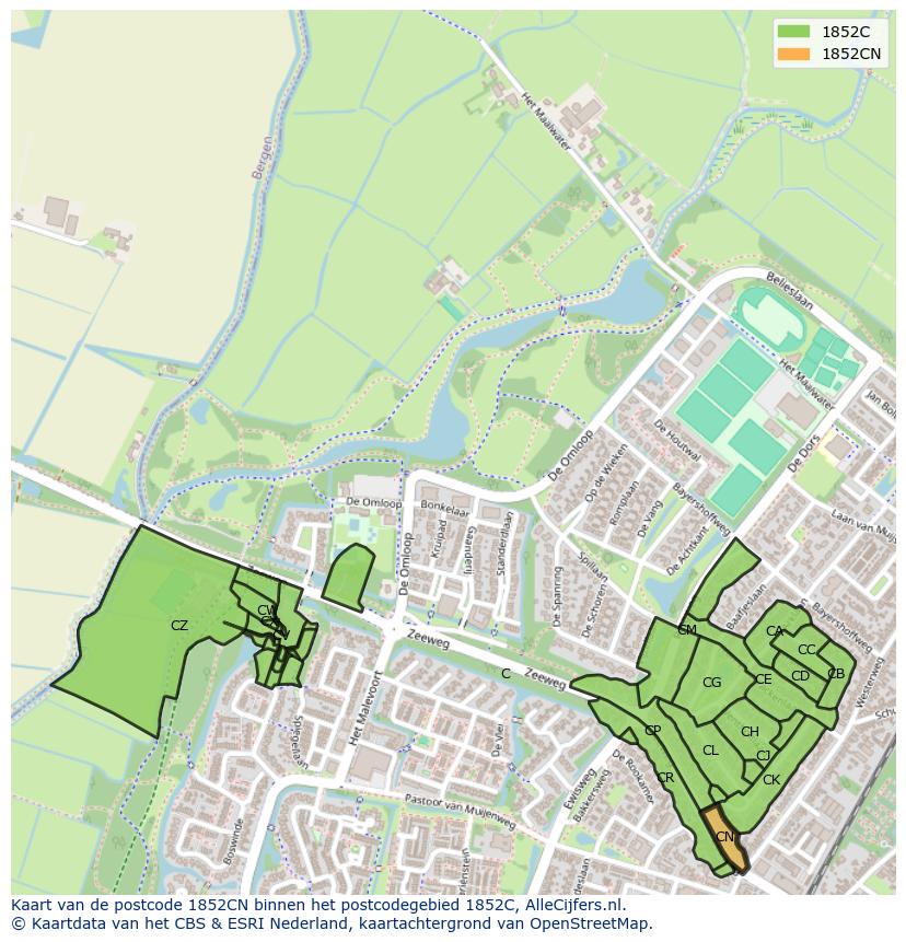 Afbeelding van het postcodegebied 1852 CN op de kaart.