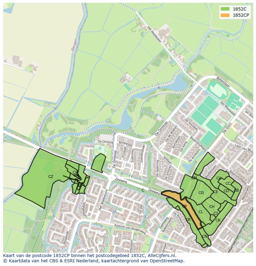 Afbeelding van het postcodegebied 1852 CP op de kaart.