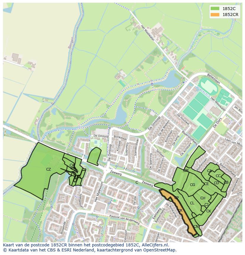 Afbeelding van het postcodegebied 1852 CR op de kaart.