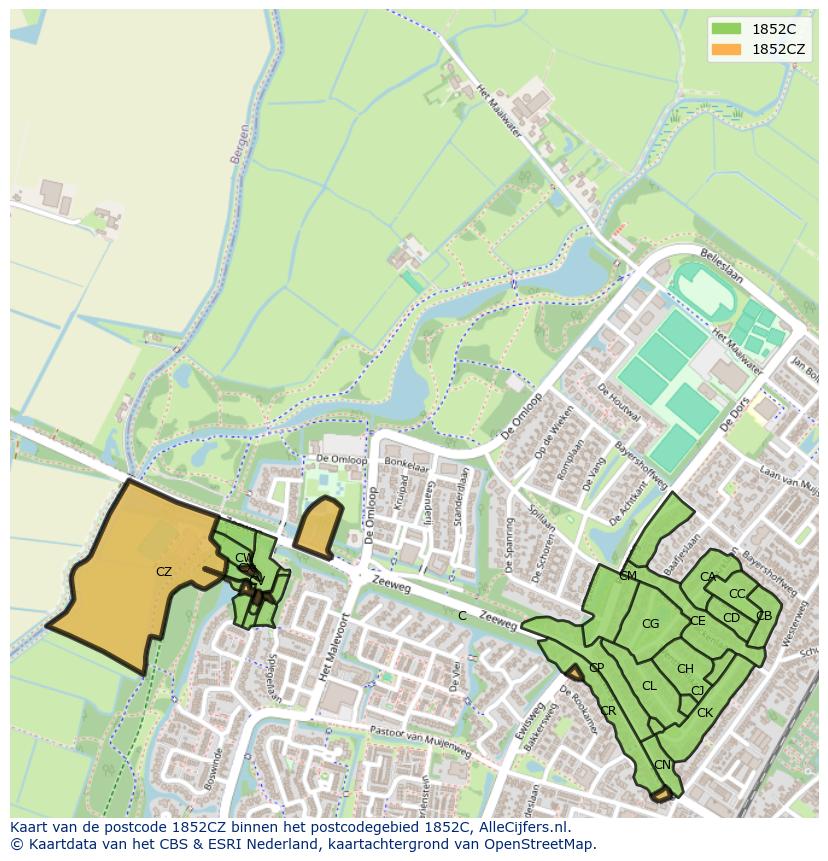 Afbeelding van het postcodegebied 1852 CZ op de kaart.