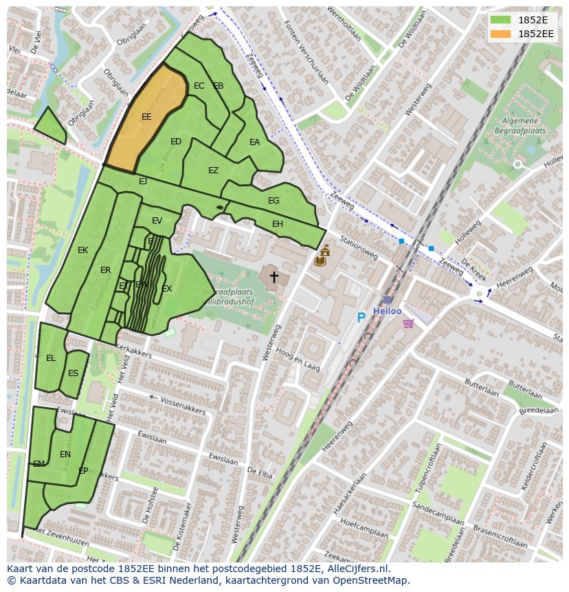 Afbeelding van het postcodegebied 1852 EE op de kaart.