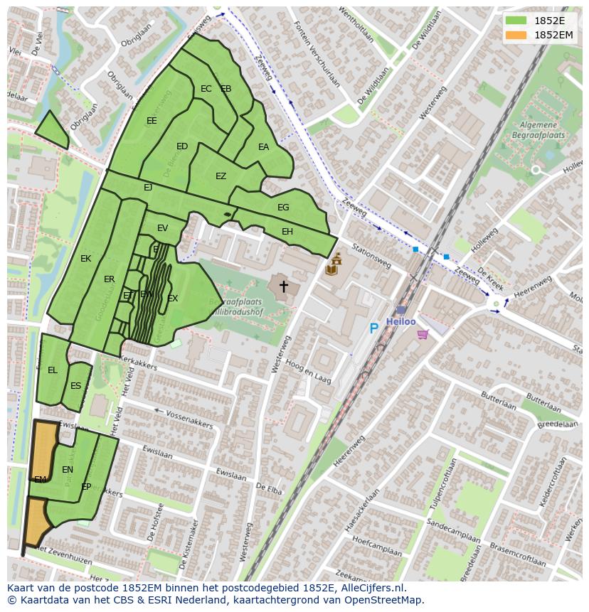 Afbeelding van het postcodegebied 1852 EM op de kaart.