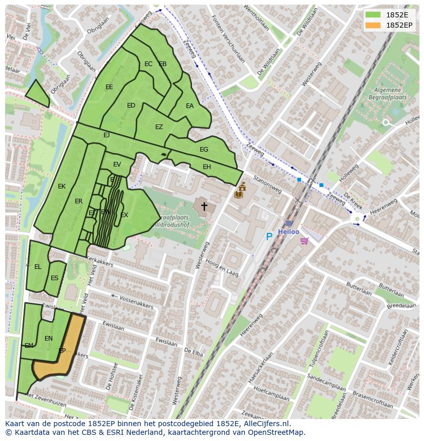 Afbeelding van het postcodegebied 1852 EP op de kaart.
