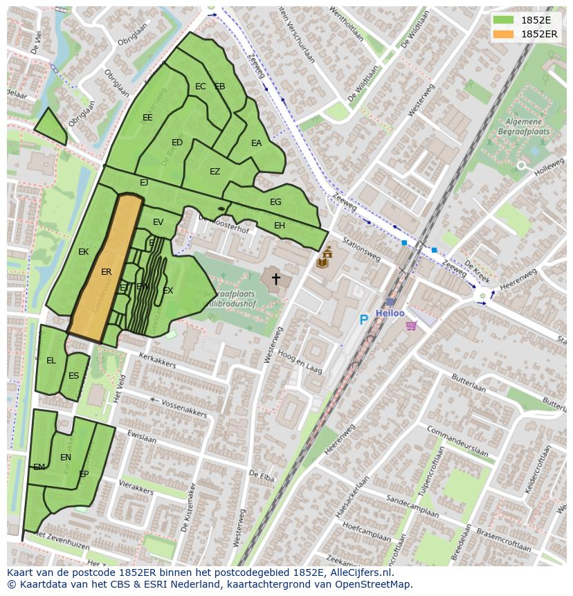 Afbeelding van het postcodegebied 1852 ER op de kaart.