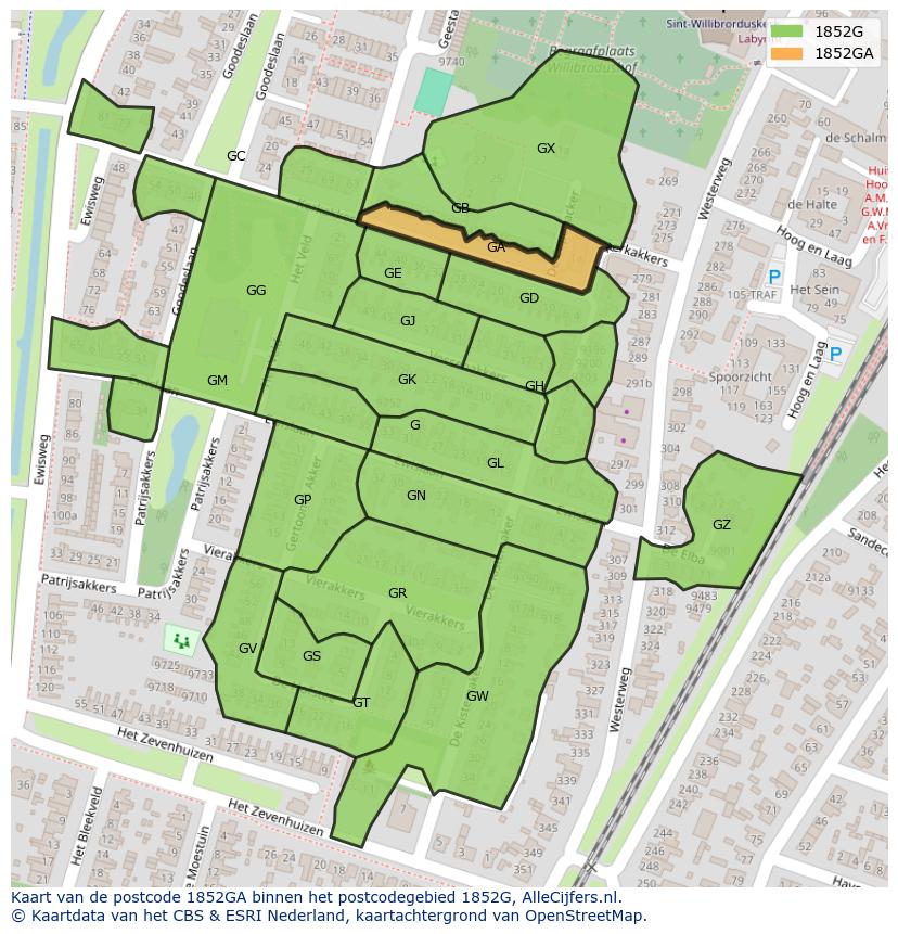 Afbeelding van het postcodegebied 1852 GA op de kaart.