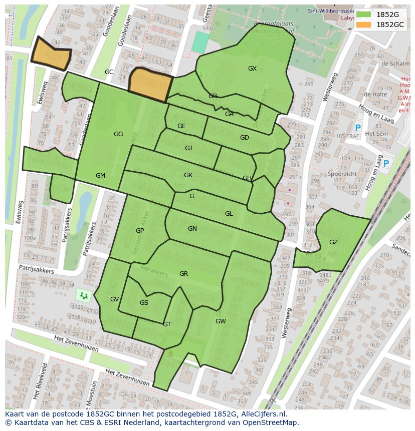 Afbeelding van het postcodegebied 1852 GC op de kaart.