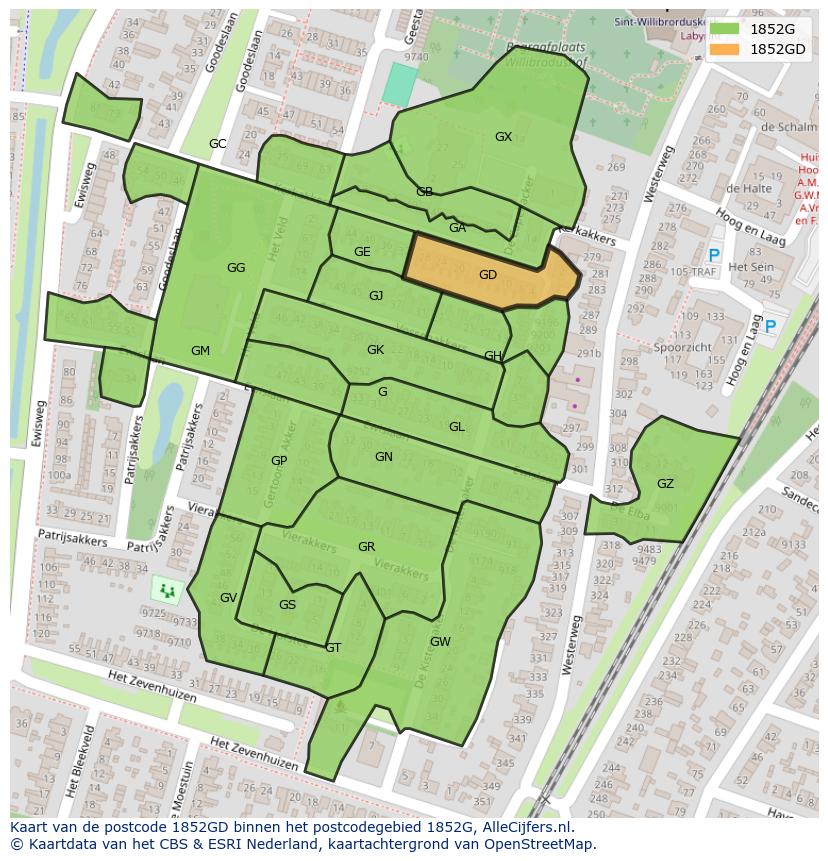Afbeelding van het postcodegebied 1852 GD op de kaart.