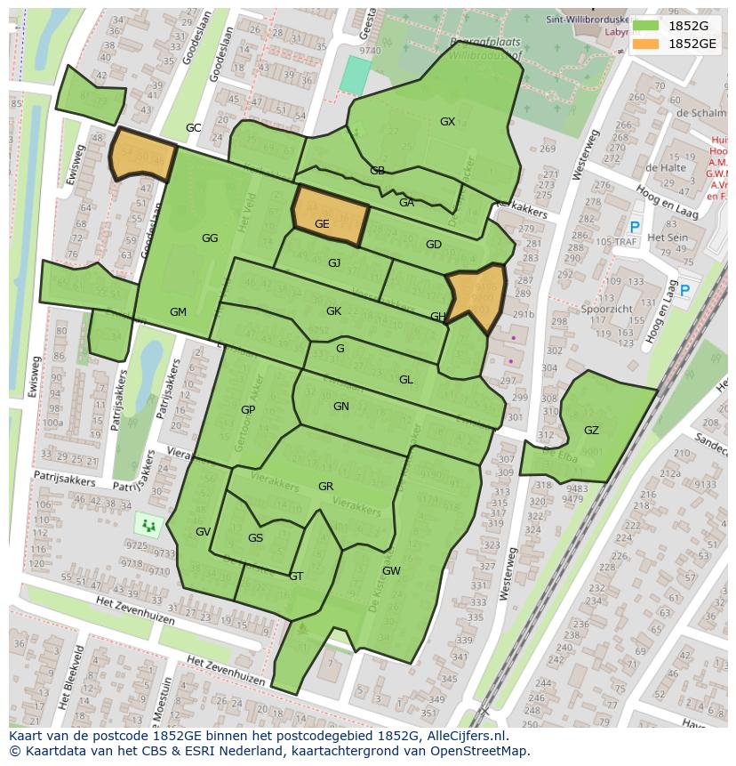 Afbeelding van het postcodegebied 1852 GE op de kaart.
