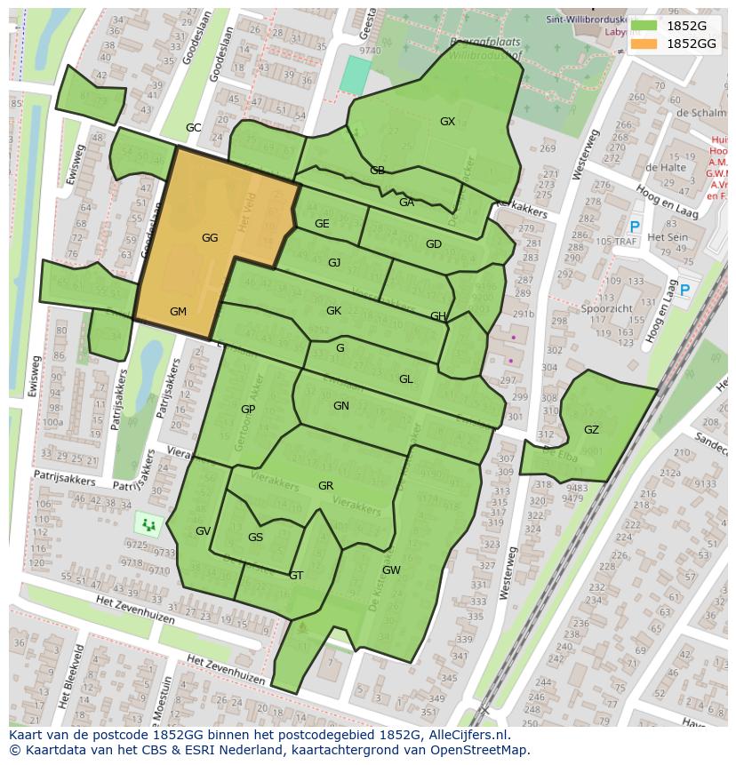 Afbeelding van het postcodegebied 1852 GG op de kaart.