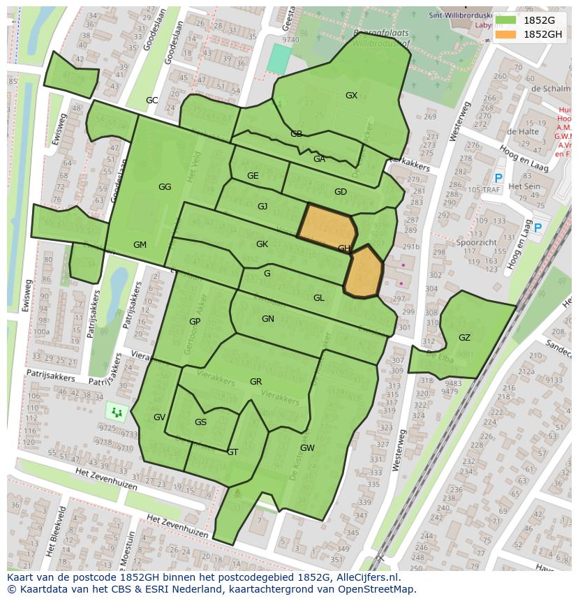 Afbeelding van het postcodegebied 1852 GH op de kaart.