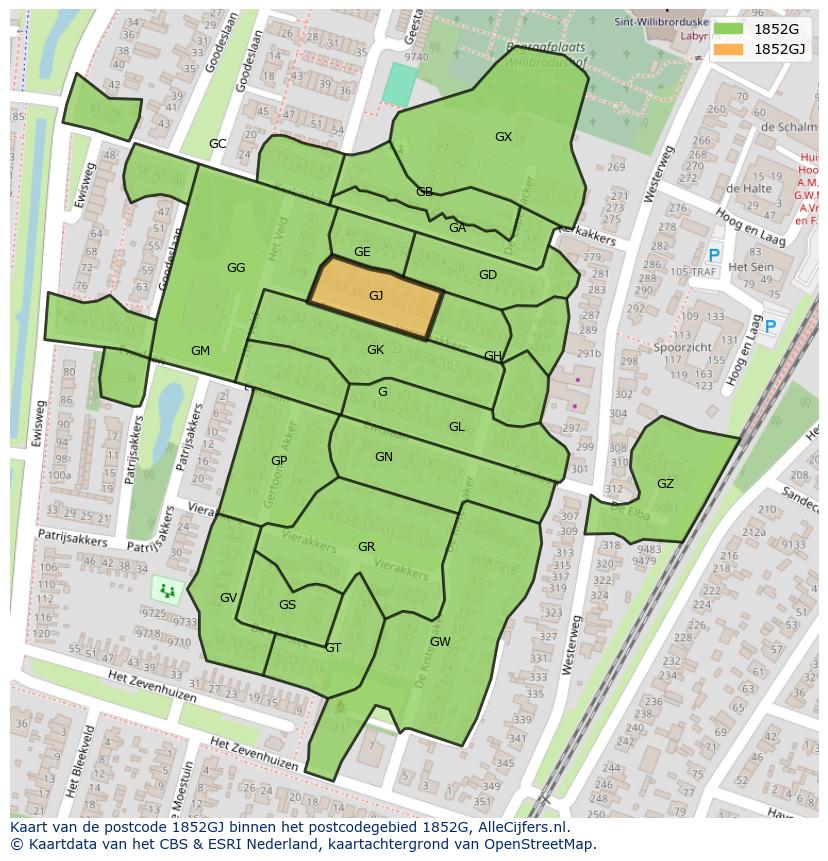 Afbeelding van het postcodegebied 1852 GJ op de kaart.