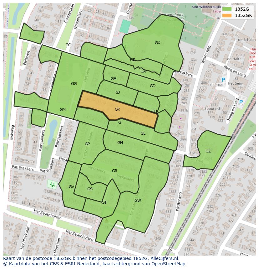 Afbeelding van het postcodegebied 1852 GK op de kaart.