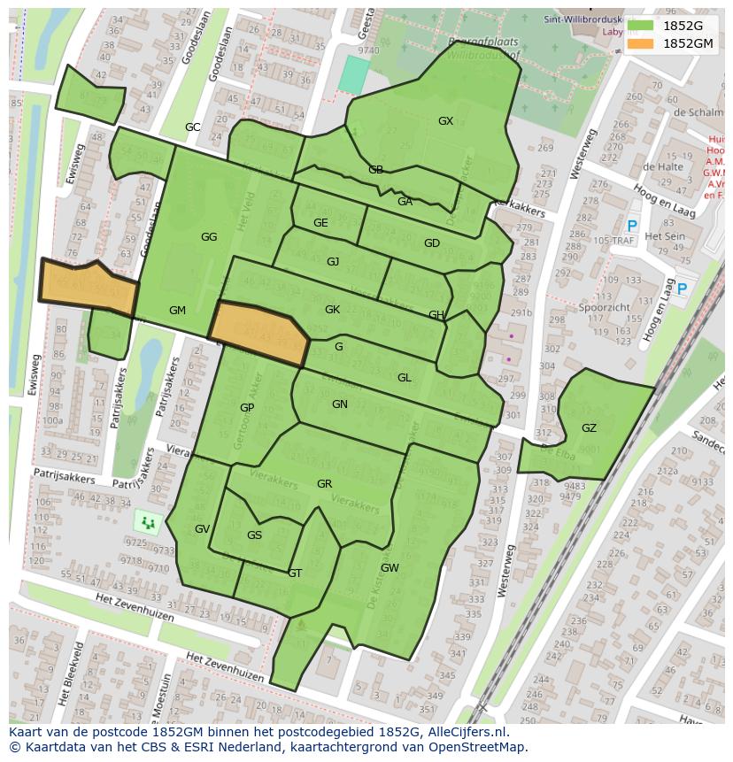 Afbeelding van het postcodegebied 1852 GM op de kaart.