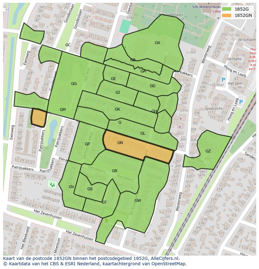 Afbeelding van het postcodegebied 1852 GN op de kaart.