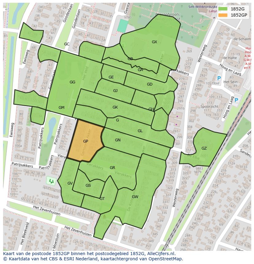 Afbeelding van het postcodegebied 1852 GP op de kaart.