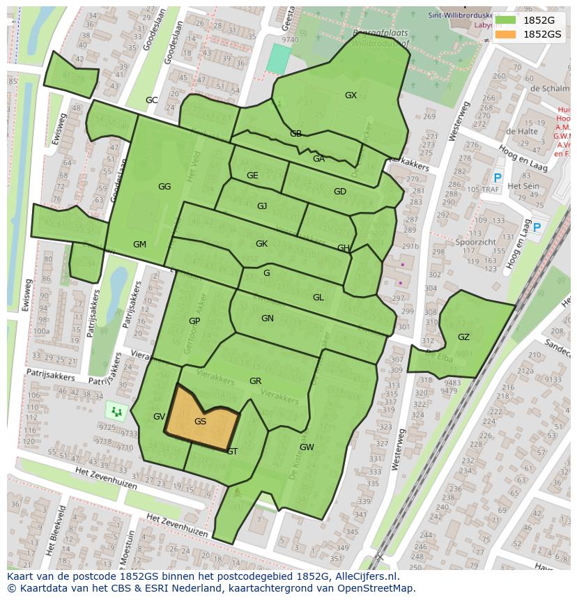 Afbeelding van het postcodegebied 1852 GS op de kaart.