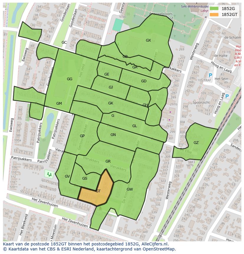 Afbeelding van het postcodegebied 1852 GT op de kaart.