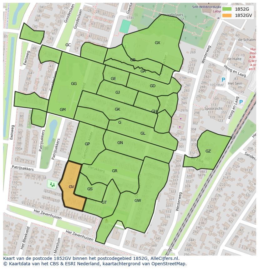 Afbeelding van het postcodegebied 1852 GV op de kaart.