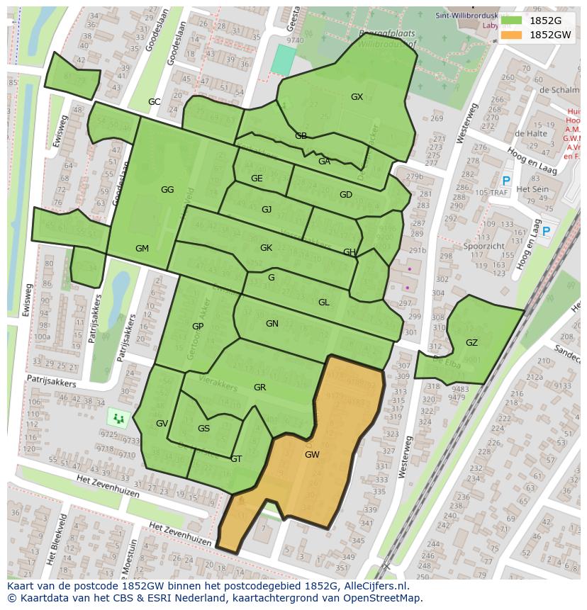 Afbeelding van het postcodegebied 1852 GW op de kaart.