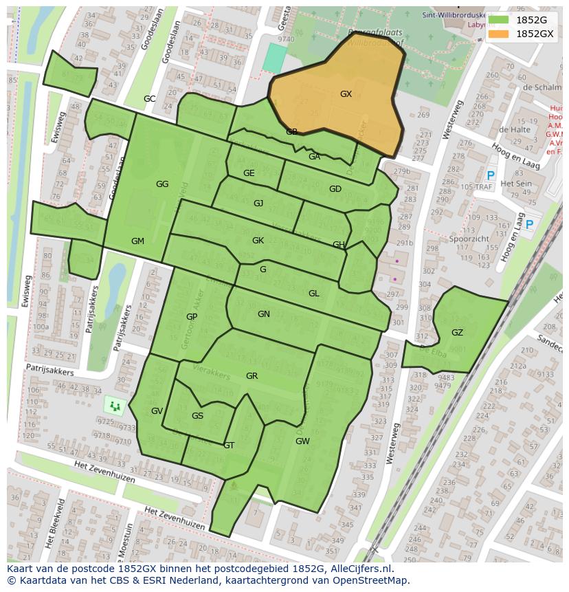 Afbeelding van het postcodegebied 1852 GX op de kaart.