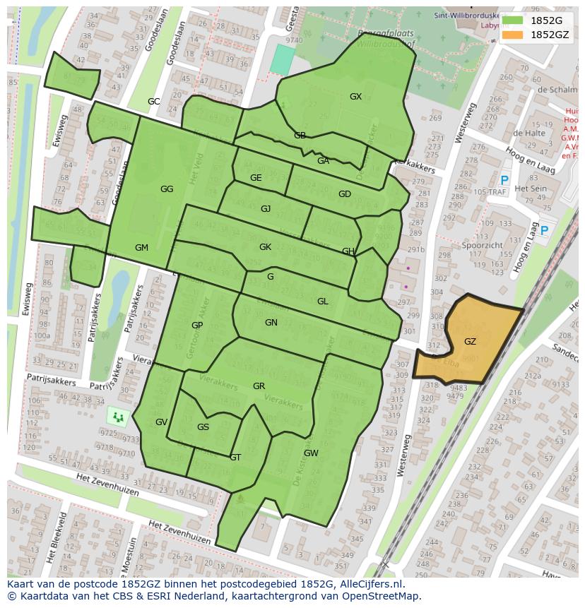 Afbeelding van het postcodegebied 1852 GZ op de kaart.